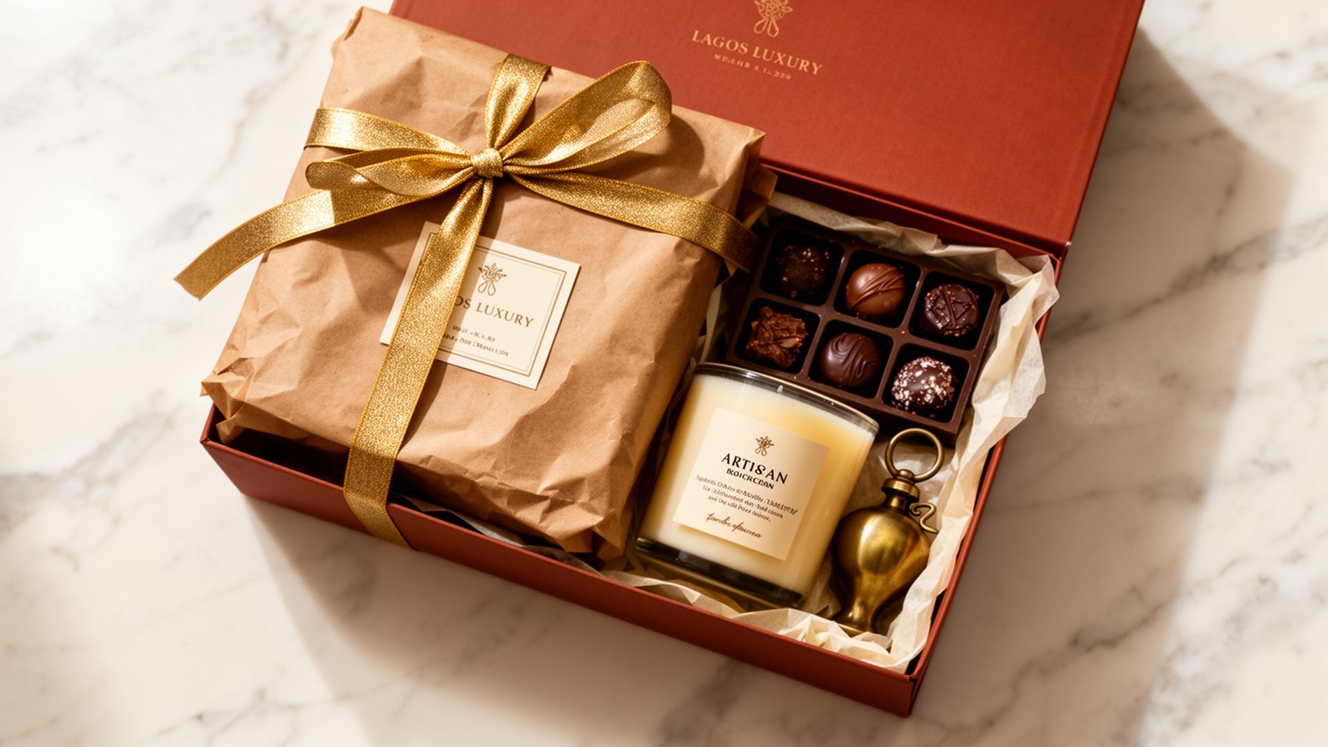 A premium WITB gift box with artisan chocolates, candle and gold ribbon